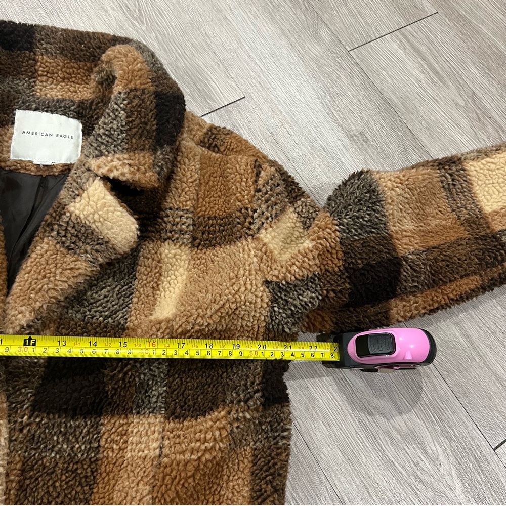 American Eagle Women's Oversized Faux Sherpa Plaid BrownCoat Size XS old money - Picture 5 of 6